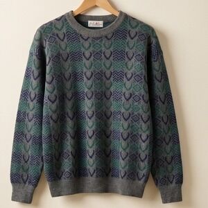 Los 4 Ases 38 Vintage 1970's Merino Wool Rabbit Fur Sweater Gray Green Mens OOAK